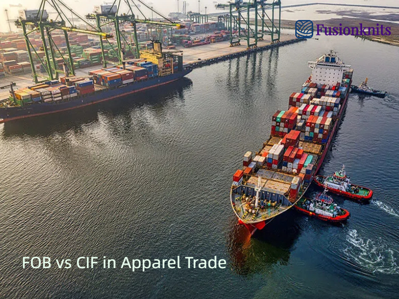 Container ship at port comparing FOB and CIF apparel trade logistics