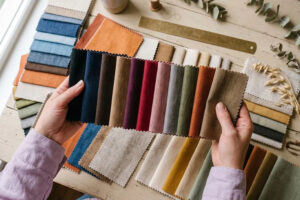 Person holding a long strip of multicolored fabric swatches over a table with more fabric samples, measuring tools, and natural decorations.