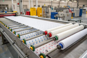 Industrial textile finishing machine processing fabric rolls on conveyor rollers in a modern manufacturing facility, ensuring quality and production efficiency.