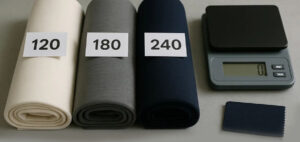 Fabric rolls labeled 120, 180, and 240 GSM beside a digital scale, illustrating differences in fabric weight, thickness, and material density.