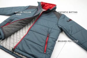Close-up of jacket showing nylon, synthetic batting, and brushed polyester layers.