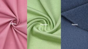 Side-by-side comparison of cotton, bamboo, and fleece fabrics, highlighting texture, softness, and material characteristics for comfortable clothing.