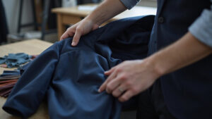 Designer examining smooth navy fabric on a worktable, evaluating material texture, drape, and quality for garment production and fashion design.