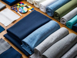 Assorted fabric rolls and swatches arranged on a table for textile sourcing, color matching, and garment production.