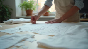 Designer using pencil and pattern sheets to create clothing designs on a wooden table.