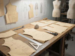 Garment pattern pieces, measuring tools, and dress forms arranged on a fashion design worktable in studio setting