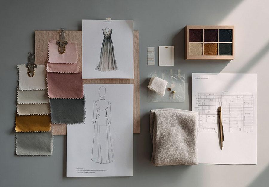 Flat lay of fashion design moodboard with sketches fabric swatches and development materials.