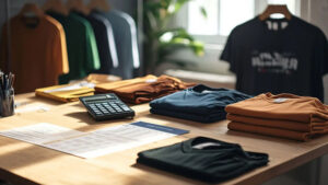 Folded T-shirts in different colors on a desk with calculator, papers, and hanging T-shirts in the background.