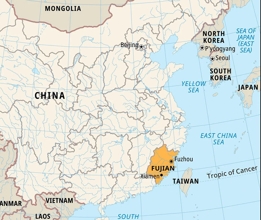 Map highlighting Fujian province in southeast China near Taiwan coastline.