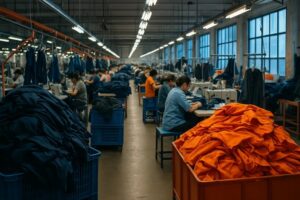 Workers sewing clothing in large garment factory with fabric piles and machines