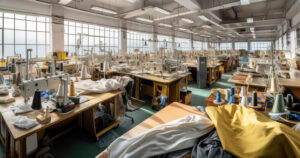 Large textile production facility with sewing machines, fabric rolls, and workstations, showcasing industrial garment manufacturing and apparel production processes.