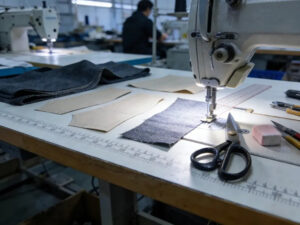 Industrial sewing machine stitching fabric pieces on a garment production table, showcasing apparel manufacturing, pattern cutting, and textile craftsmanship.