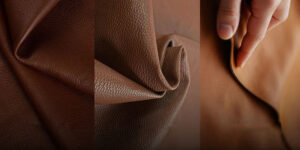 Close-up views of genuine brown leather showing natural grain, flexibility, softness, and premium material quality for jackets and accessories.