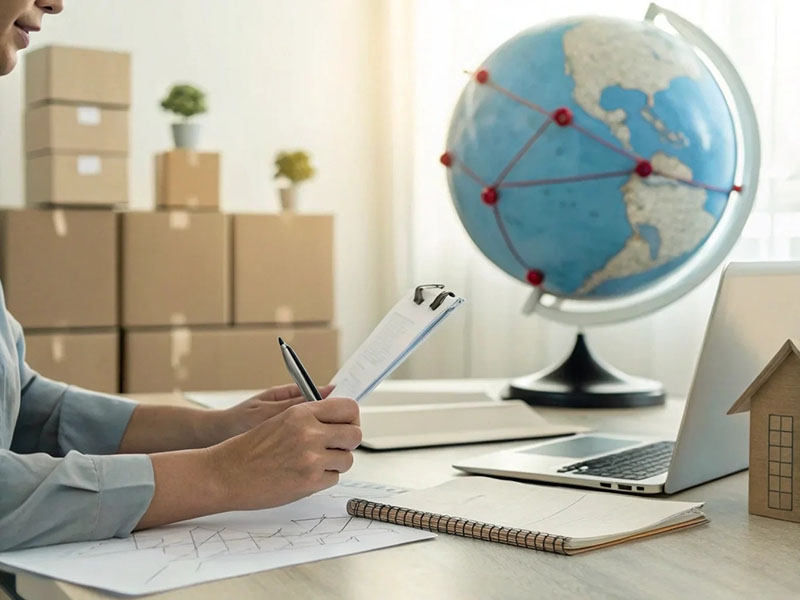 Buyer reviewing contract with global logistics globe and shipping boxes in office workspace.