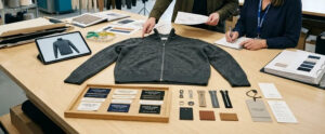 Top view of a gray half-zip jumper with fabric swatches, zippers, and labels on a wooden table, designers reviewing notes.