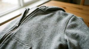 Close-up of a grey zip-up hoodie laid flat showing texture and stitching details.