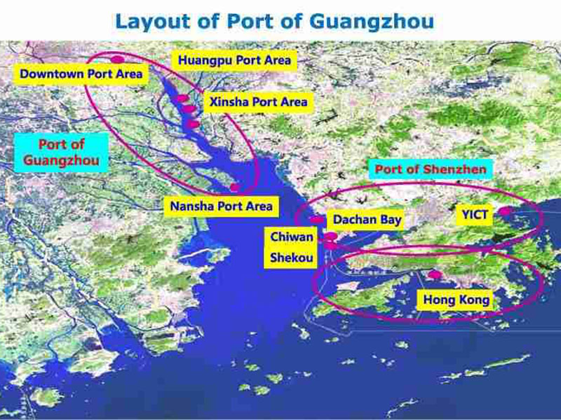 Map showing Port of Guangzhou and Shenzhen port areas layout