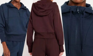 Front, back, and close-up views of half-zip hoodie featuring adjustable drawstrings, relaxed fit, and athletic casual design in dark colors