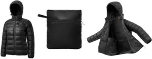 Black heated down jacket shown front, folded, and open with multiple heating zones visible