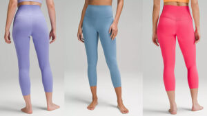 Three women wearing high-waist colorful cropped leggings, standing.