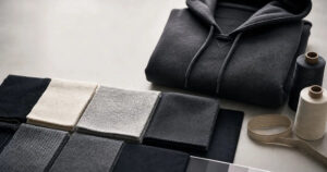 Folded dark hoodie placed beside matching fabric swatches, threads, and measuring tape, showing material selection for apparel design