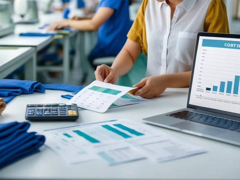 Clothing production manager reviewing garment cost reports with laptop, calculator, and fabric samples nearby