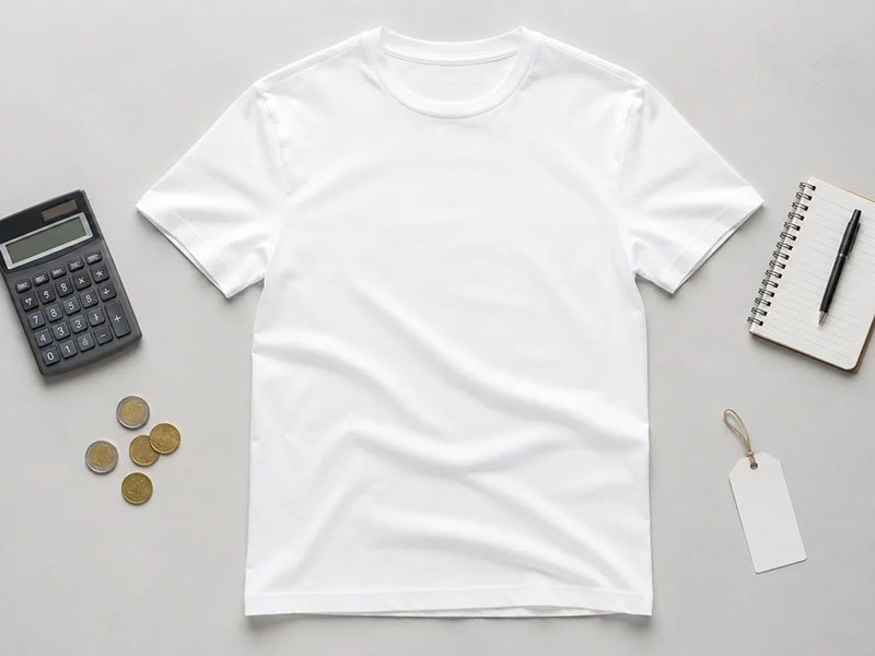 Plain white T-shirt displayed with calculator, coins, notebook, and price tag representing apparel production costs and pricing analysis