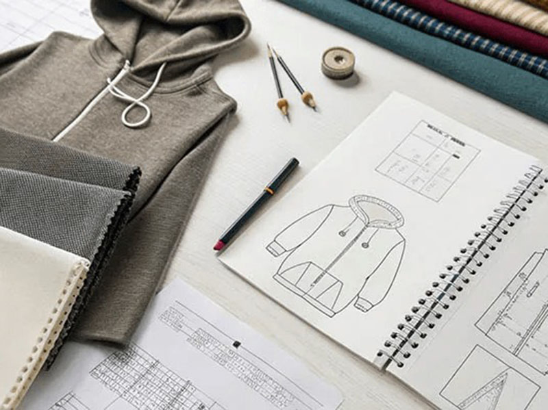 Workspace with folded hoodie, fabric swatches, sketches, and technical drawings, illustrating apparel design and garment development process for a hooded sweatshirt.