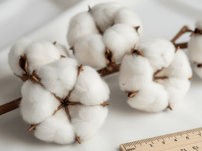 Close-up of soft white cotton bolls on branches beside measuring ruler on clean white surface.