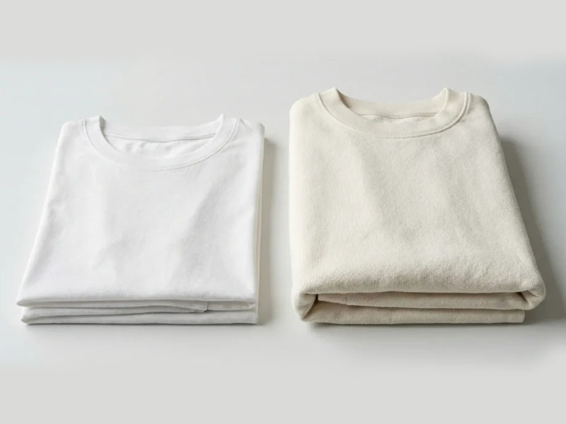 Two neatly folded white and cream cotton t-shirts side-by-side.