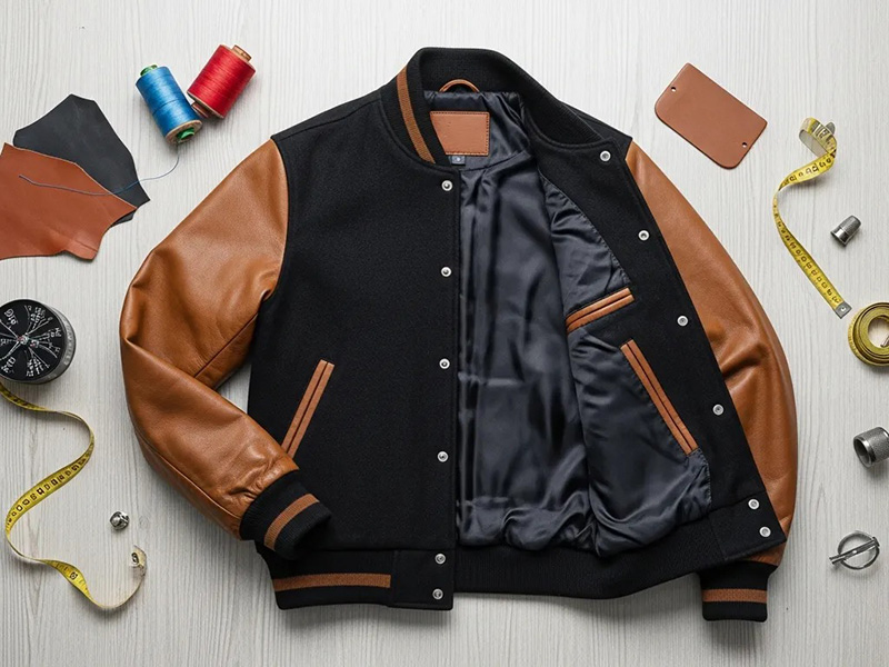 Black varsity jacket with brown leather sleeves laid flat with sewing tools, threads, and measuring tape around it for garment production.