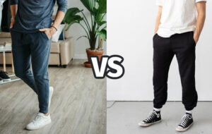 Side-by-side comparison of slim-fit joggers and relaxed sweatpants highlighting different casual athletic pant styles.