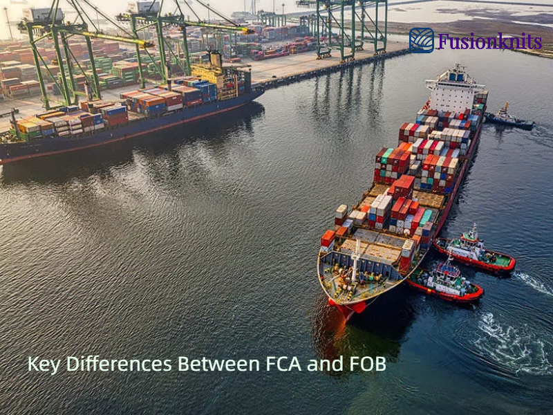 Cargo ship at busy container port illustrating key differences between FCA and FOB incoterms in international shipping logistics and trade.