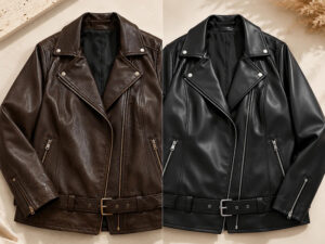 Brown and black leather biker jackets with zip details, wide lapels, and stylish modern outerwear design displayed side by side.