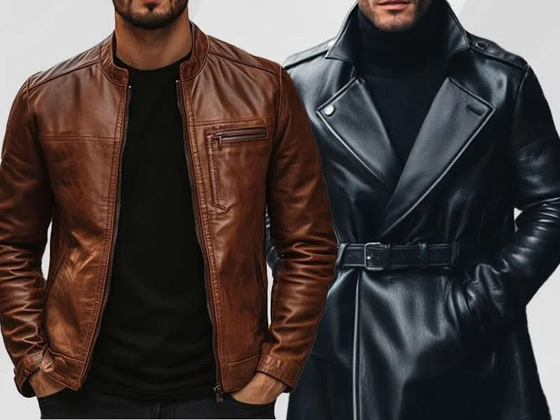 Comparison of two men wearing leather outerwear; one in a brown zip-up leather jacket, the other in a black belted leather coat with wide lapels, highlighting different styles and lengths.