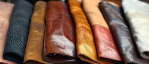 Assorted leather fabric swatches in various colors and textures, showcasing premium materials used for jackets, bags, and accessories.
