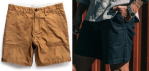 wo pairs of men's casual shorts, one tan and one navy blue, shown front and side views.