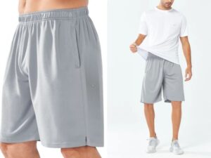 Men's athletic shorts with elastic waistband shown from multiple angles.