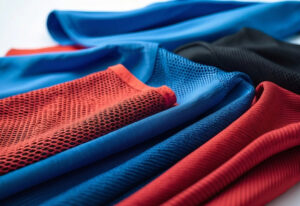 Close-up of various colorful textured fabrics for men's shorts in red, blue, and black tones.