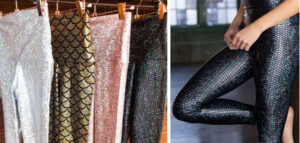 Shiny mermaid scale pattern leggings in metallic colors displayed hanging and worn by model indoors.