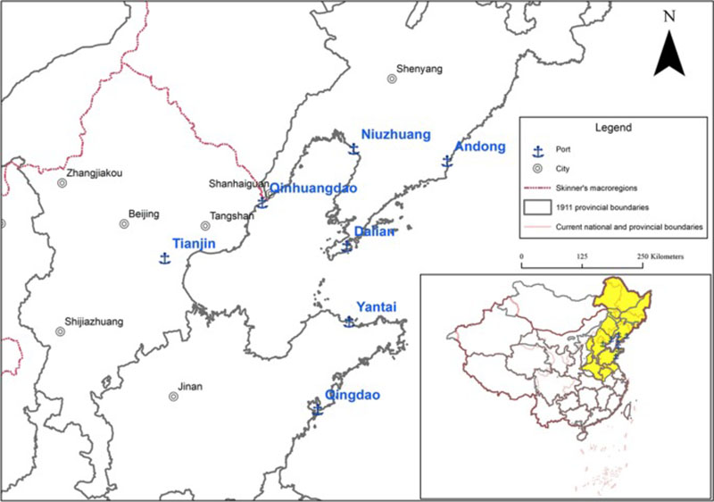 Map showing major northern China seaports including Tianjin Qingdao Dalian