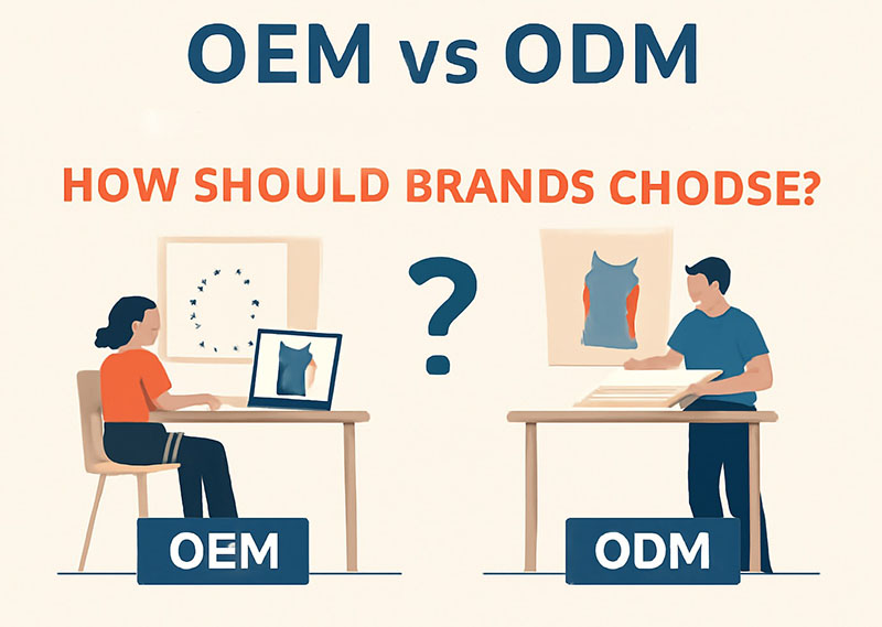 Illustration comparing OEM vs ODM showing brand manufacturing decision process.