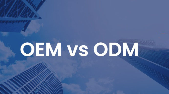 OEM vs ODM manufacturing comparison modern building sky background illustration