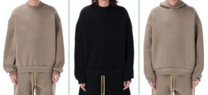 Models wearing oversized sweatshirt and hoodie in neutral beige and black colors, showcasing minimalist streetwear fashion styles and relaxed fit designs