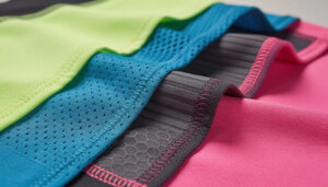 Colorful breathable athletic fabrics with mesh panels and moisture-wicking textures for activewear and sportswear manufacturing.
