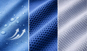 Close-up view of performance golf fabric showing water-resistant, breathable, and textured materials in blue tones.