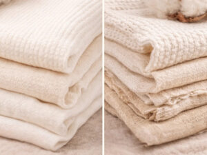Close-up of neatly folded soft pima cotton fabrics in cream and beige tones.