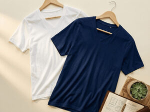 Two V-neck T-shirts in white and navy on wooden hangers, displayed flat with notebook and potted plant, showcasing soft Pima cotton fabric and classic minimalist design.