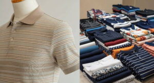 Striped polo shirt sample and folded polo shirts display, showcasing premium fabrics, colors, and styles for custom apparel collections.