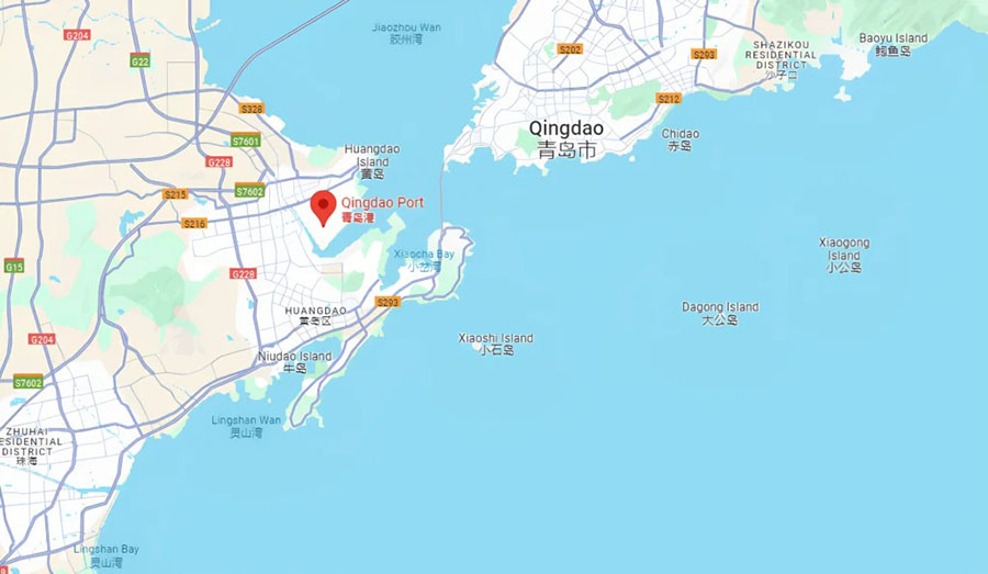Map showing Qingdao Port location along China coastline.